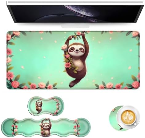 Keyboard Mouse Pad Set, Extended Gaming Mouse Pad+Ergonomics Keyboard Wrist Rest Support, Memory Foam, Easy Typing Pain Relief, 4Pcs XL Ultra Thick Desk Mat,Funny Sloth by Vobber