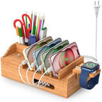 Bamboo Charging Station for Multiple Devices with USB Charger, 5 Cables by PezinHulin