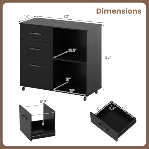 Giantex 3-Drawer Mobile File Cabinet, Rolling Printer Stand with Open Storage Shelves, Under Desk Lateral Filing Cabinet for Letter/A4 Size, Wooden Office Organizer with Wheels for Home Office (Black) - Image 3