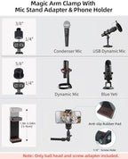 22" Magic Arm w Clamp Mount, Overhead Desk Phone Mount Stand, Adjustable Articulating Friction Camera Boom Arm w 1/4" Thread for Phone Video Light Webcam Action Camera Tripod Mic - Image 6