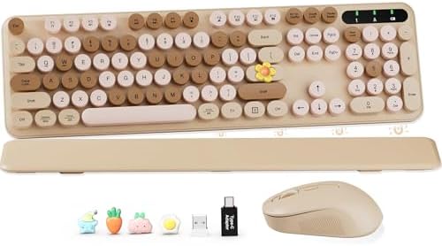 Wireless Keyboard and Mouse, Round Keycap, Magnetic Wrist Rest, Latte Beige by SABLUTE