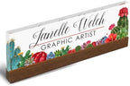 Artblox Personalized Office Desk Name Plate and Business Card Holder | Clear Acrylic Glass with Teak Wood Stand | Cactus Flowers Design Customized with Your Name and Credentials Office Desk Décor - Image 6