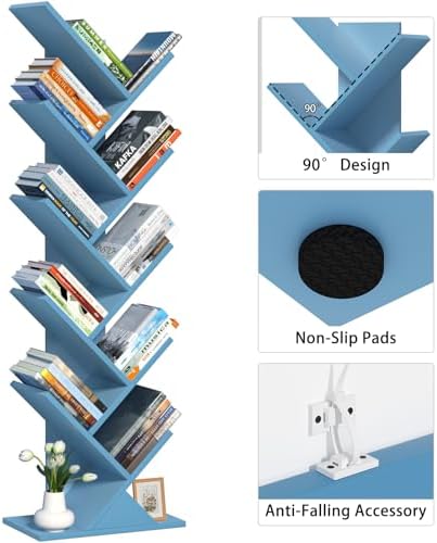 10 Tier Tree Book Shelf, Floor Standing Wood Bookshelf for Narrow Space - Image 5