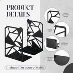 Feifeiya 6 Pairs Decorative Book Ends Metal Bookends for Shelves Black Metal Heavy Duty Book Ends Holder Supports Stoppers for Home Office School, 6.9x4.9x3.5”(Geometrical) - Image 3