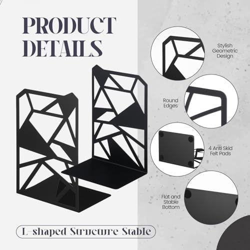 Feifeiya 6 Pairs Decorative Book Ends Metal Bookends for Shelves Black Metal Heavy Duty Book Ends Holder Supports Stoppers for Home Office School, 6.9x4.9x3.5”(Geometrical) - Image 3