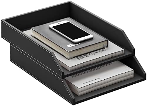 Leather Letter Tray, Thipoten Stackable Desk Organizer Holder for Office Supplies, Paper, File, Magazine, Perfect Office Organization for Desktop (Black-2Tiers) - Image 2