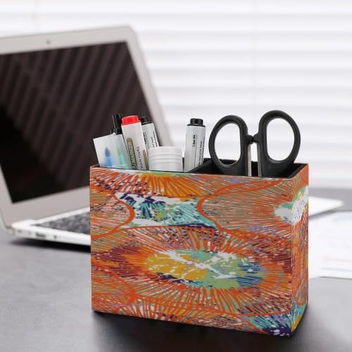 PU Leather Multi-Compartment Pen Holder Desktop Organizer Pencil Cup Storage Caddy for Office Home Supplies Bold Ethnic Print with Lines Circles - Image 5
