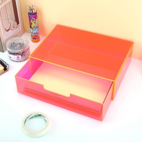 Gelite Acrylic Desk Organizer with Drawer for Makeup Vanity Stackable Desktop Storage Box for Office Supplies, 13.8 x 9.8 x 3.9’’, Neon Pink - Image 4