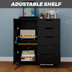 Panana 5-Drawer Chest with 1 Door, Wooden Chest of Drawers Storage Dresser Cabinet with Wheels, Office Organization and Storage, Bedroom Furniture (Black-S) - Image 4