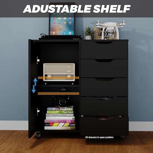 Panana 5-Drawer Chest with 1 Door, Wooden Chest of Drawers Storage Dresser Cabinet with Wheels, Office Organization and Storage, Bedroom Furniture (Black-S) - Image 4