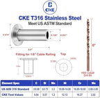 CKE 150 Pack T316 Stainless Steel Protector Sleeves for 1/8" Wire Rope Cable Railing, Marine Grade Protective Sleeves Deck Cable Railing Kit for Wood Posts DIY Balustrade, CR01 - Image 3