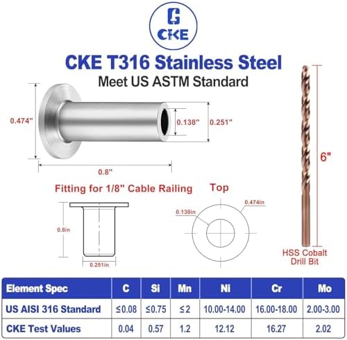 CKE 150 Pack T316 Stainless Steel Protector Sleeves for 1/8" Wire Rope Cable Railing, Marine Grade Protective Sleeves Deck Cable Railing Kit for Wood Posts DIY Balustrade, CR01 - Image 3