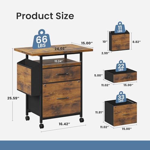 Simple Deluxe 2 Drawer File Cabinet with 24" Extended Desktop, Mobile Filing Cabinet, Rolling File Cabinet with Side Bag, Fabric Drawer, Fits A4/Letter Size, Printer Stand Home Office, Brown - Image 3