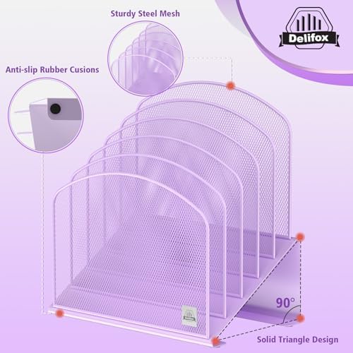Delifox Inclined Desk File Organizer,Vertical File Folder Holder Stand Metal Rack File Sorter for Office Classroom Desktop Organization (2, Purple, 5) - Image 3