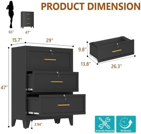 3 Drawer File Cabinet with Lock, Small Filing Cabinet for Home Office - Image 3