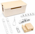 Cable Management Box, Cord Organizer, Pine Wood Lid, Cream White by Unknown