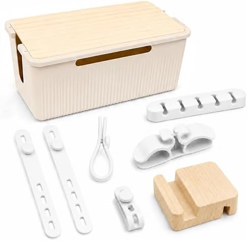Cable Management Box, Cord Organizer, Pine Wood Lid, Cream White by Unknown