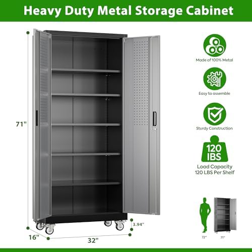 Aobabo Upgraded Garage Storage Cabinets with Wheels,Metal Storage Cabinets with 5 Adjustable Shelves for Garage Home Office Storage, Black&Dark Grey,71''H*32''W*16''D,Assembly Required - Image 3