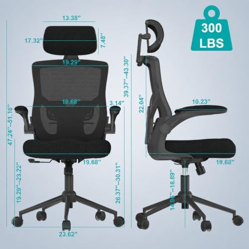 Office Chair for Long Hours & Lower Back Pain Relief – 4" Thick Molded Foam Cushion, Padded Lumbar Support and Flip-up Armrests, Ideal for Office or Study (Modern, Black-HR) - Image 2