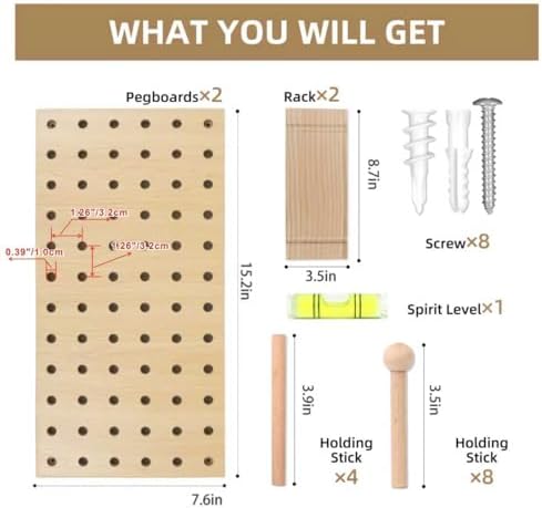 2 Pack Beige Wooden Pegboard Modular Wall Organizer - Image 4