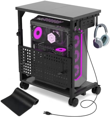Adjustable PC Tower Stand with Charging Station & Pegboard,Carbon Fiber by madeformodernhomes