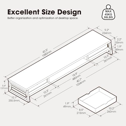 Fenge Dual Monitor Stand Riser, 42.5in Desk Shelf with 2 Drawers, Oak - Image 3
