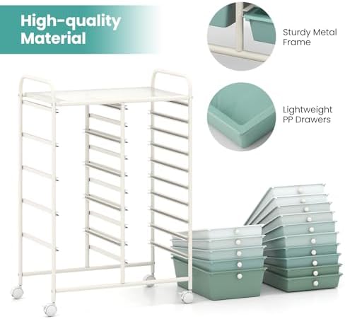 Giantex 15 Drawers Rolling Cart, Classroom Organizers, Storage Cart with Wheels, for Teacher Office Home School Supplies Tool Craft Art Paper, Green Gradient - Image 5