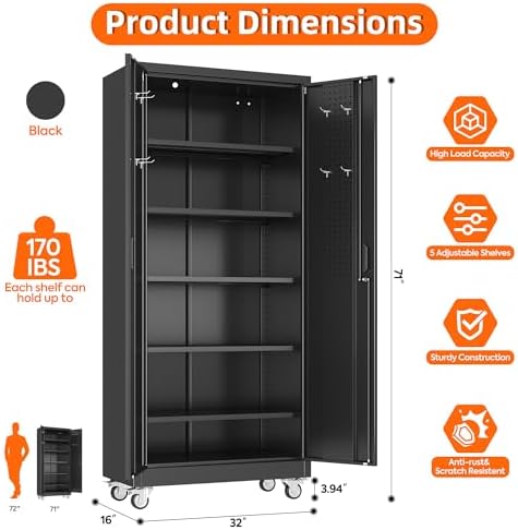 Aobabo Metal Garage Storage Cabinet with Wheels and Door Pegboard - Image 3
