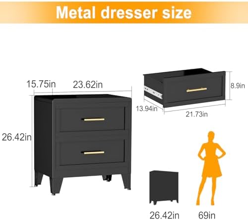 Ckzbx Metal Dresser Under Desk Metal Filing Cabinets, 26.42" H Drawer Chests of Drawers for Office, Garage (2 Drawers Black 24inch Wide) - Image 3
