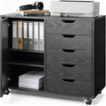5-Drawer Wood Drawer Cabinet, Office Storage Cabinet with Adjustable Shelf & Wheels, Printer Stand for Home Office, Black, 15.7" D x 30.7" W x 25.4" H by SimpleDeluxe