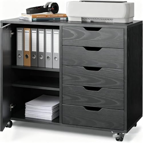5-Drawer Wood Drawer Cabinet, Office Storage Cabinet with Adjustable Shelf & Wheels, Printer Stand for Home Office, Black, 15.7" D x 30.7" W x 25.4" H by SimpleDeluxe