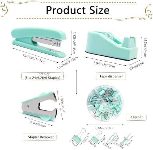 Office Supplies,Green Desk Accessories,Stapler and Tape Dispenser Set with Stapler,Tape Dispenser,Staple Remover,Staples,Clips,Scissors and Tabs,Gift for Student,Teacher,Coworkers,Business,Gift 9pcs - Image 5