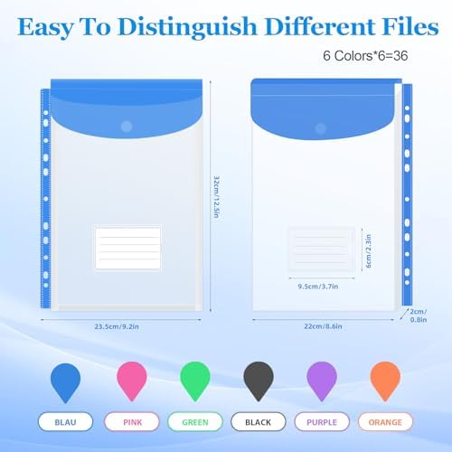 36 Pack Binder Folders with Pockets 11 Holes Expandable Dividers for 2/3/4 Ring Document Pouch with Label Loose-Leaf Transparent Binder Organizer for School Home Office - Image 3