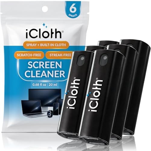 6X iCloth 2-in-1 Screen Cleaner Spray & Microfiber Cloth for Laptops, Tablets, Phones, Car Screens & Touchscreens, Streak-Free & Anti-Smudge, Large 0.68 fl oz (20ml) Bottles for Family Use by iCloth