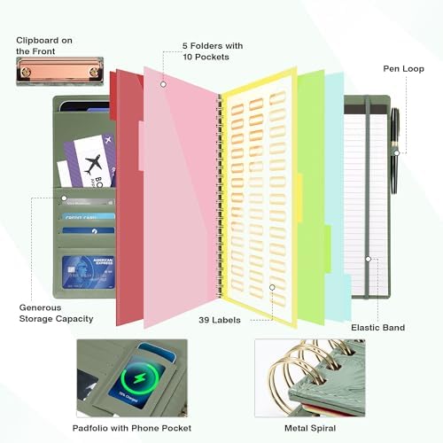 Clipboard with Storage for Men Women, Leather Padfolio Portfolio Organizer 5 Folders with 10 Pockets, Spiral Clipboard Folio with Notepad for Letter Size, Elastic Closure and Pen Loop Green Floral - Image 3