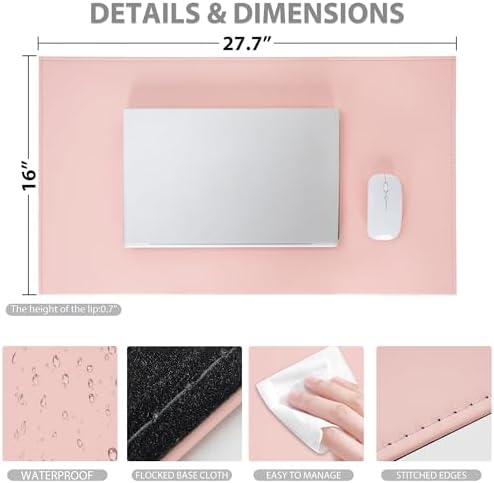 AKOZLIN 27.55”x 15.8" Soft PU Leather Surface Office Desk Mouse Mat Anti-Push Pad with Full Grip Fixation Lip Table Blotter Edge-Locked Protector Pink - Image 5
