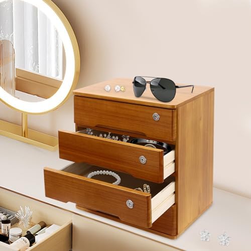 Wood Desk Organizer with 4 Drawers, Lockable Desktop Countertop Storage Cabinet for Home Office Supplies File Tabletop Storage Box, 15.75" x 11.02" x 15.94" (Brown) - Image 4