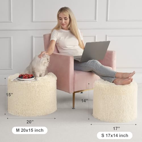 Hansleep Round Pouf Ottoman Foot Rest, Footstool, 20 x 15 Inch, Beige - Image 2