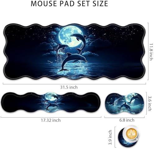 4 in 1 Desk Mat Set,Mouse Pad with Keyboard Wrist Rest,Wave-Shaped Design,Non-Slip Rubber Base,Waterproof,for Home,Office,Gaming,Cute Dolphin - Image 2