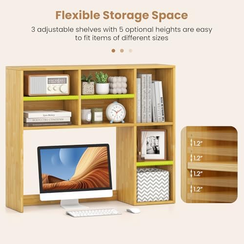 GOFLAME 7 Cubes Desktop Bookshelf, 37” Desk Organizer Shelf with 3 Adjustable Shelves, 3-Tier Wood Countertop Display Rack, Multipurpose Tabletop Desk Hutch for Dorm, Home Office, Burlywood - Image 5