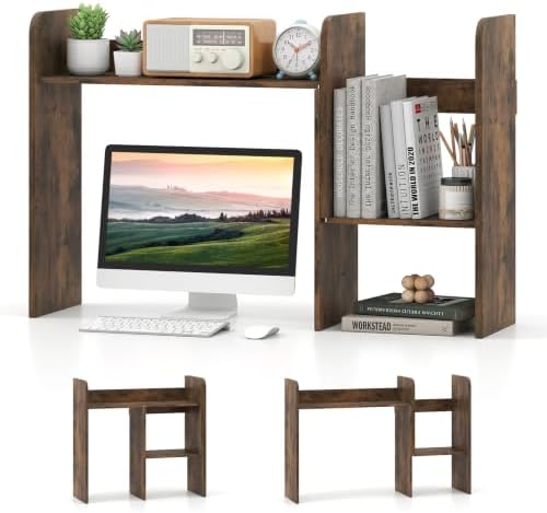 Tangkula Extendable Desktop Bookshelf, Dorm Desk Hutch, Rustic Brown by TANGKULA