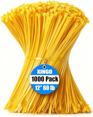 XINGO 1000 PCS Yellow Zip Ties 12 Inch, 60 LBS Tensile Strength, Self-Locking Nylon Plastic Nylon PA66 Wire Ties for Indoor and Outdoor Use by XINGO