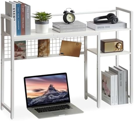 4-Tier Desk Hutch Shelf with Grid Panel, 39” Desktop Bookshelf for Monitor, Office & Home (White, 39") by Grecodown