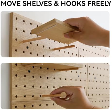 Wooden Pegboard Modular Display Organization Storage Wall Hooks Shelf (Oak Colored Finish-B-4) - Image 6