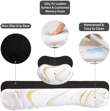 QiyI PU Leather Desk Mat Set, 4-in-1 Ergonomic Wrist Rest, White Marble - Image 6
