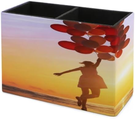 PU Leather Multi-Compartment Pen Holder Desktop Organizer Pencil Cup Storage Caddy for Office Home Supplies Happiness Or Dream Concept Silhouette of Happy Woman Jumping with Multicolored Balloons at S - Image 7