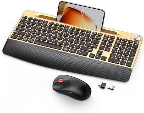 GAMCATZ Ergonomic Wireless Keyboard and Mouse with Wrist Rest，Phone Holder - 2.4GHz Full-Sized Low-Profile Quiet Gold Wireless Mouse and Keyboard Combo for Computer, Laptop, PC, Mac-Gold by WirelessKeyboardAndMouse