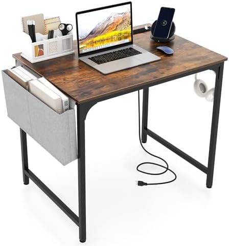 Giantex 32 Inch Computer Desk with Charging Station, Home Office Writing Desk with Storage Bag & Headphone Hook, Compact Gaming Table PC Workstation, Modern Simple Laptop Desk for Bedroom, Study by Giantex