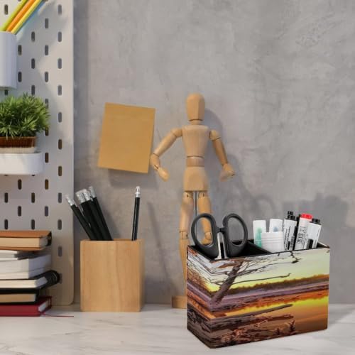 PU Leather Multi-Compartment Pen Holder Desktop Organizer Pencil Cup Storage Caddy for Office Home Supplies Winter Sunset - Image 6