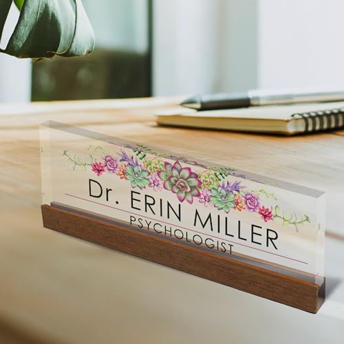 Artblox Office Personalized Name Plate for Desk with Business Card Holder On Clear Acrylic Glass Succulents Flowers Design Custom Desk Name Plate with Your Name and Credentials Customized Gift - Image 2